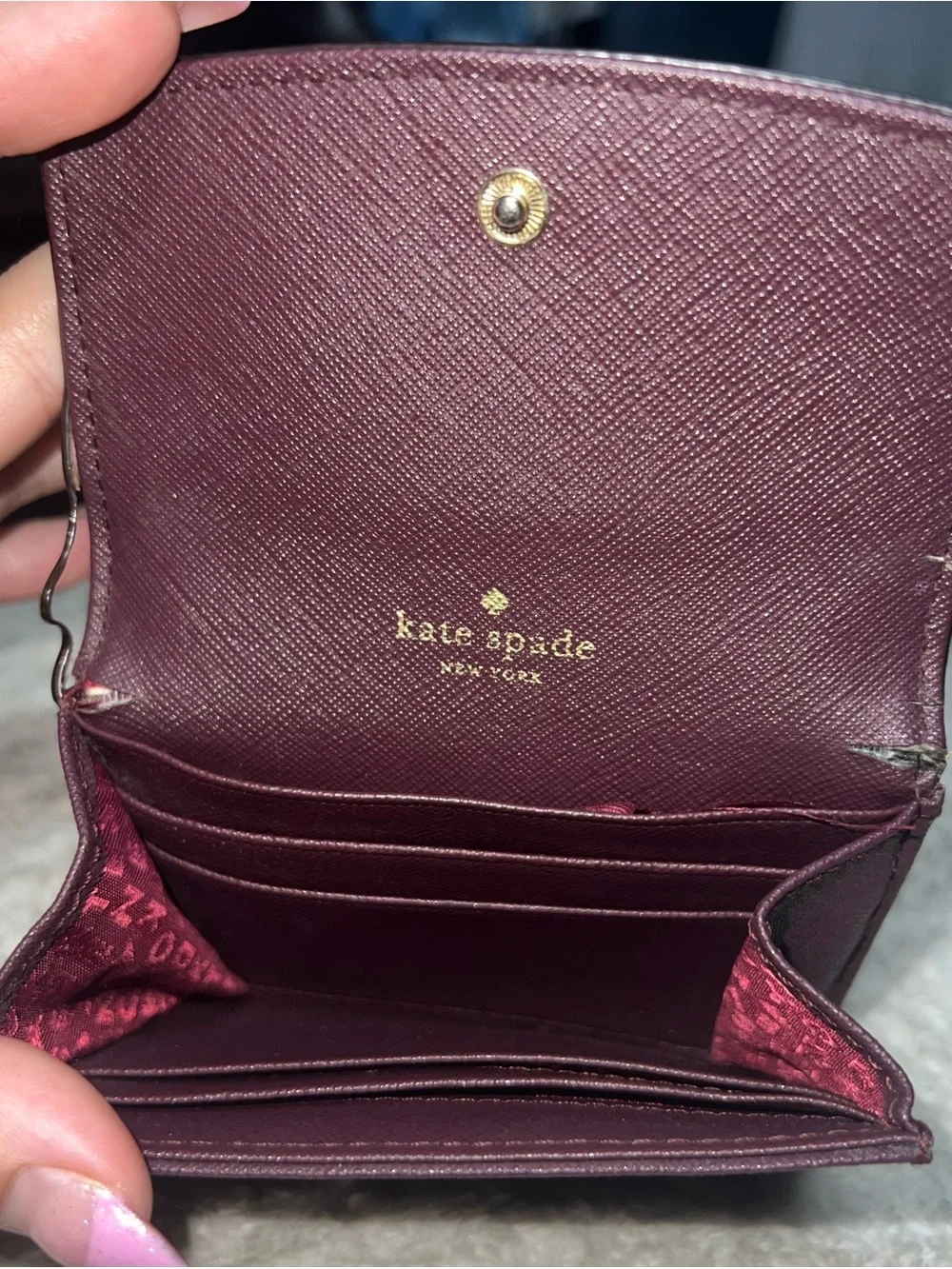 Vintage Kate Spade Small Plum Saffiano Leather Bifold Wallet with Gold Plaque